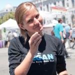 Michelle eating Donna's vegan brownies made for the volunteers