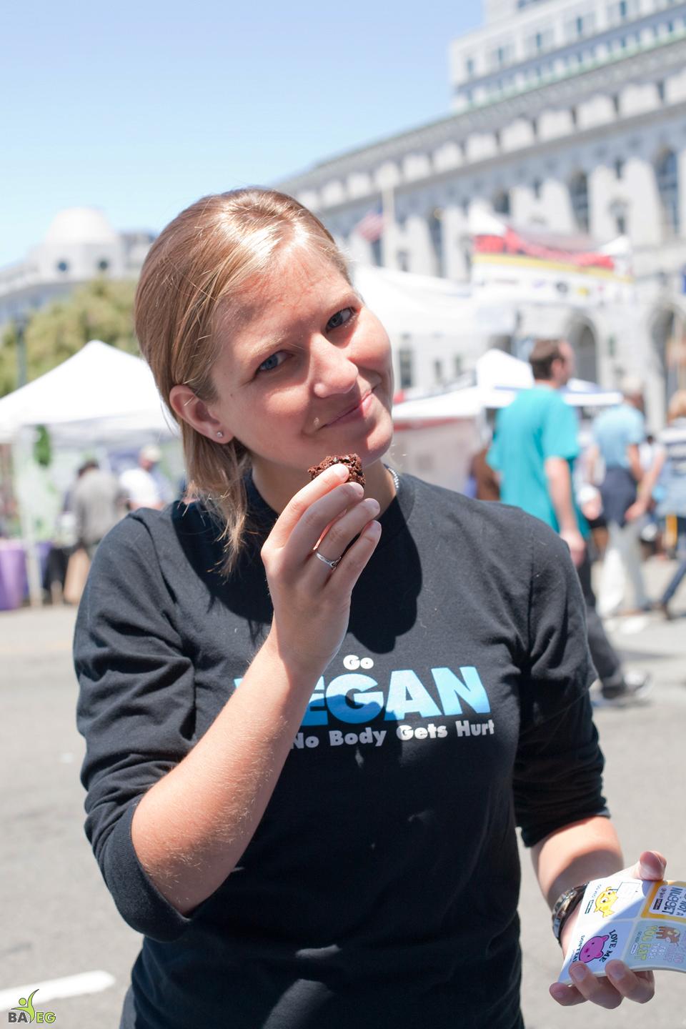 Michelle eating Donna's vegan brownies made for the volunteers