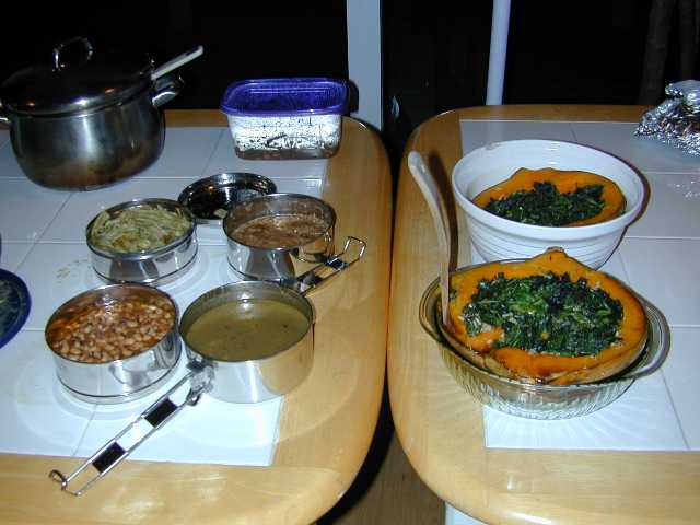 (left) leek soup, pesto pasta ribbons, yummy gravy, and some type of "traditional" beans