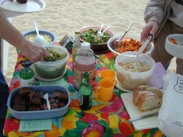 The food started to appear, as if by  magic!  We had pesto pasta, banana cake, sweet potato salad, summer salad with spinach &