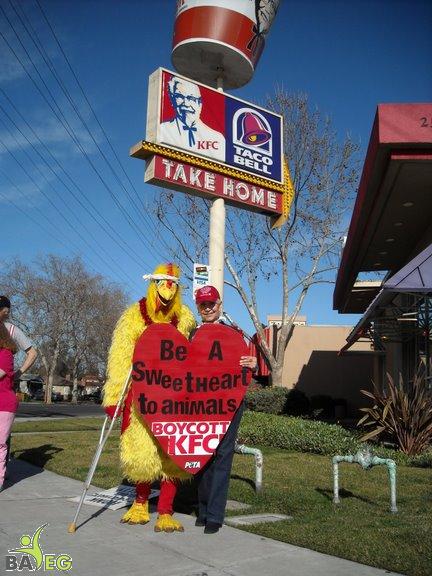 Mike "the Chicken Man" and Carol, event organizer, protest KFC Cruelty
